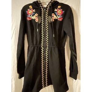 ANTHROPOLOGIE By SOLITAIRE Black COTTON FLORAL EMBROIDERY HOODIE Boho SZ Sm 311C